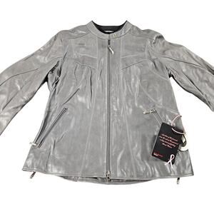 Hein Gericke Leather Motorcycle Jacket Womens 14 Gray Biker Cafe Racer Riding